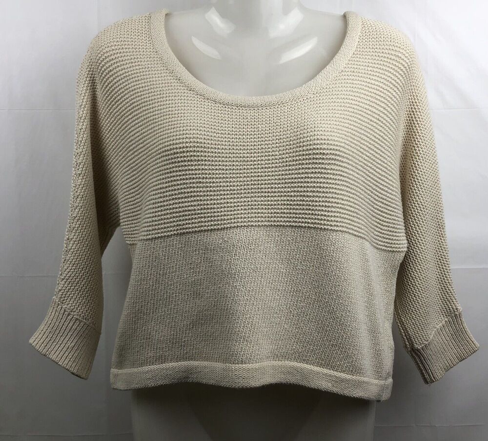 Forever 21 Crop Sweater Women M Beige 100% Cotton Cable Knit 3/4 Sleeves Boho
